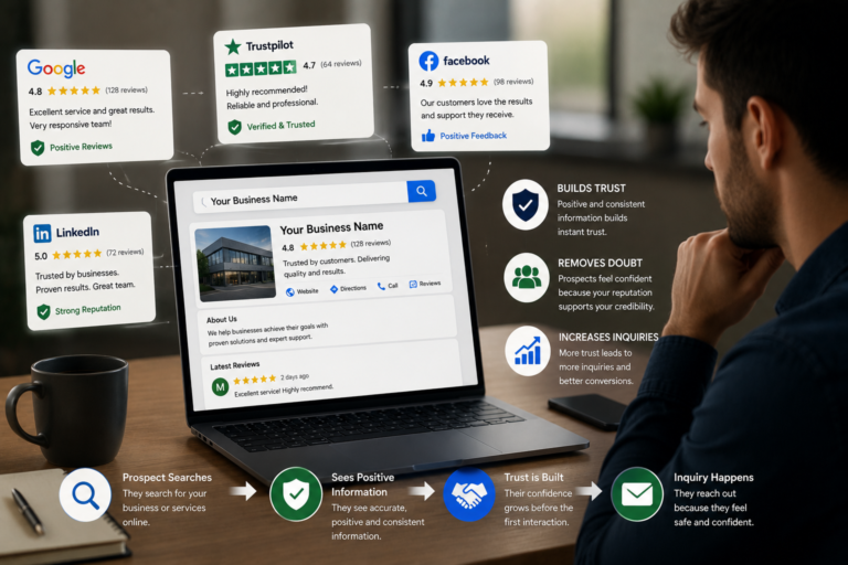 Customer researching a business online and finding positive reviews, consistent business information, and trusted profiles across Google, LinkedIn, Facebook, and review platforms before making contact.