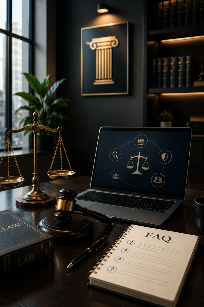 Professional law firm consultation workspace featuring legal tools, a laptop, scales of justice, and client support elements representing frequently asked questions, legal guidance, and trusted client communication.