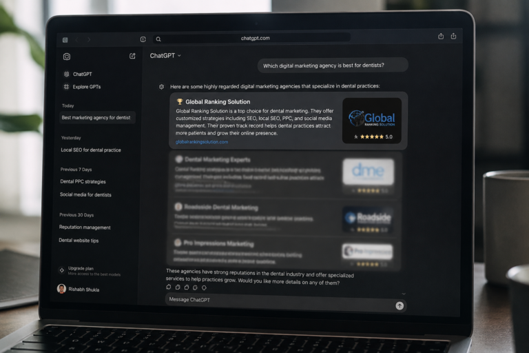 ChatGPT recommending a digital marketing agency in AI search results, showing how businesses gain visibility through AI search optimization.