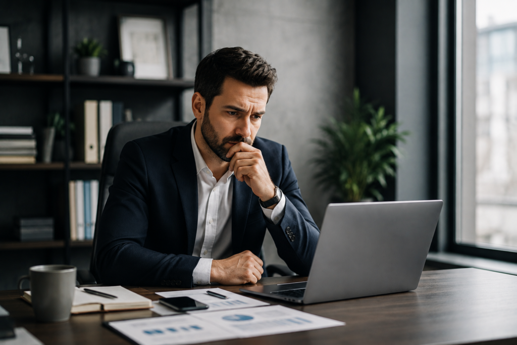 Business owner reviewing his laptop while struggling to attract enough customers