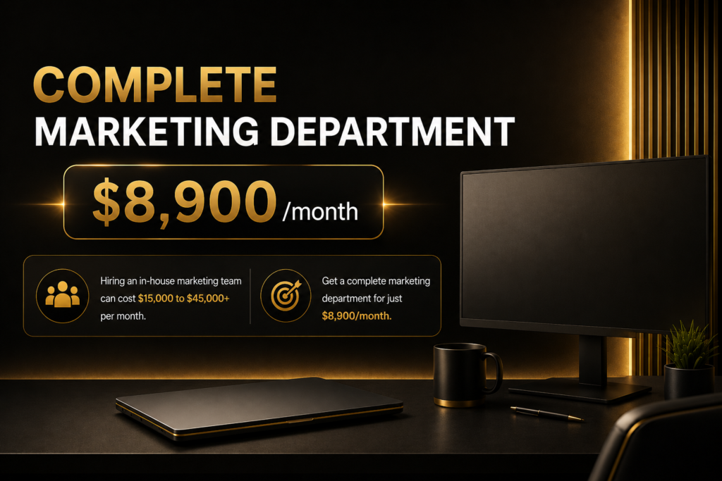 Complete Marketing Department package showing an outsourced marketing team with SEO, AI Search Optimization, content marketing, social media, video marketing, email marketing, and lead generation starting at $8,900 per month.