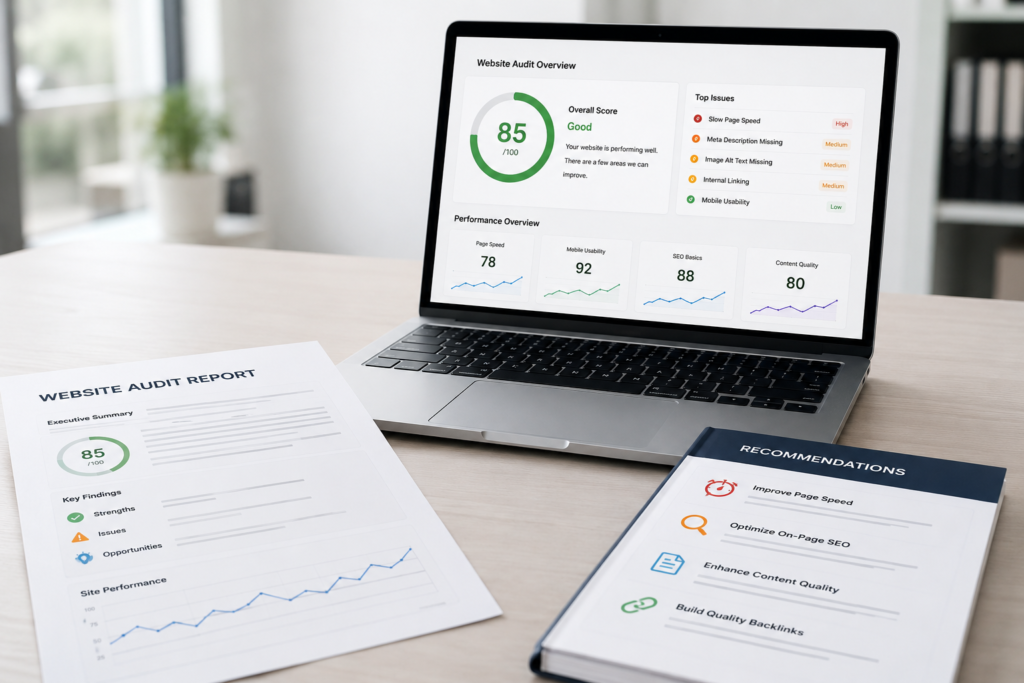 Free website audit report by Global Ranking Solution showing SEO, performance, usability, and optimization insights
