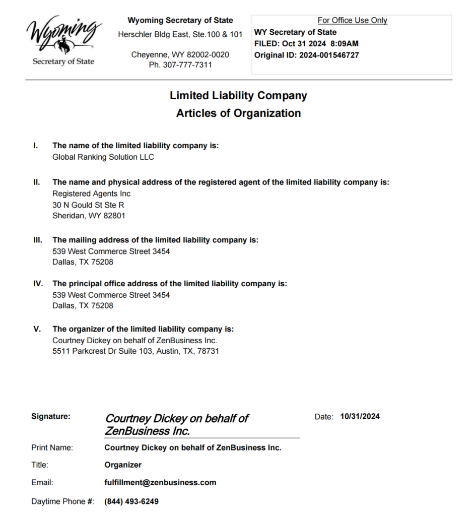 Global Ranking Solution LLC Registration Certificate