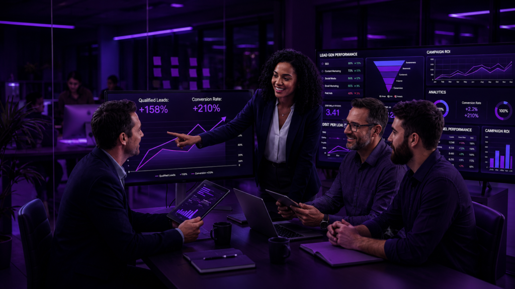 Professional marketing team analyzing lead generation performance dashboards and business growth metrics using a multi channel marketing system.