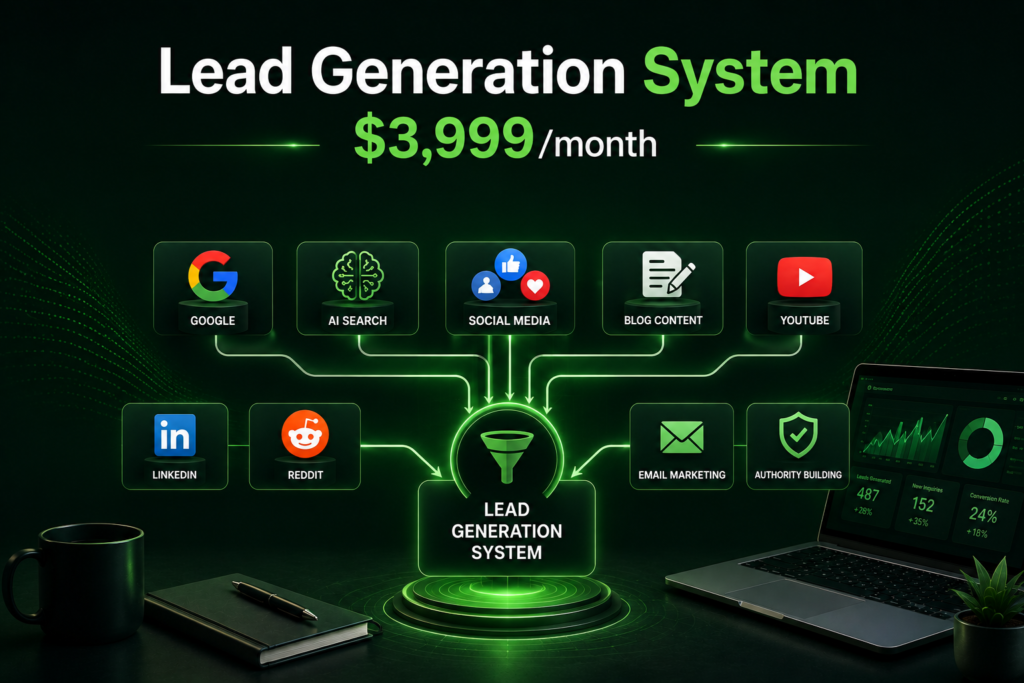 Lead Generation System illustration showing SEO, AI search, social media, content marketing, email marketing, LinkedIn, YouTube, and authority building working together to generate qualified customer inquiries.
