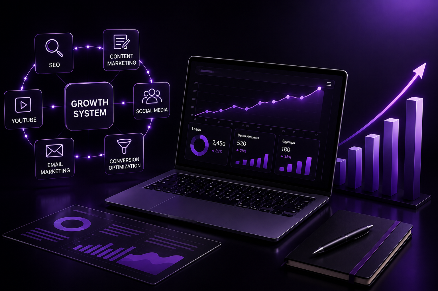 3D illustration of a multi channel lead generation system showing SEO, YouTube, content marketing, social media, email marketing, conversion optimization, and analytics dashboard driving business growth.